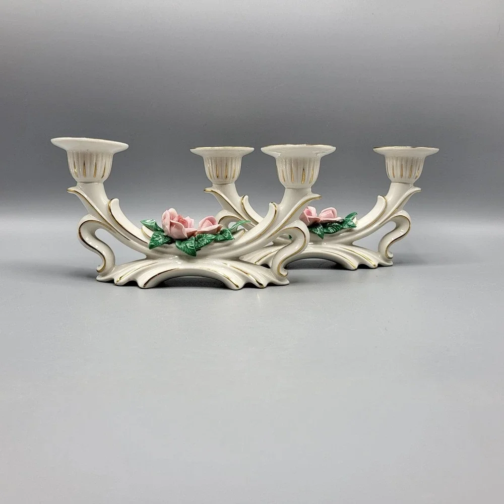 Vtg Dresden Porcelain Rose Double Candle Holder Candlestick Set of 2 Germany